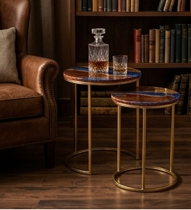Set of 2 Round Sangwan Teak Wood & Resin Side Tables | Handmade Nesting Tables