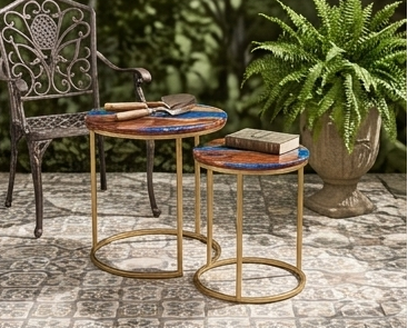 Set of 2 Round Sangwan Teak Wood & Resin Side Tables | Handmade Nesting Tables