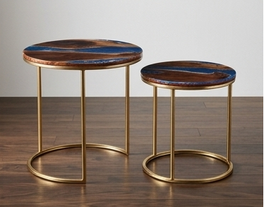 Set of 2 Round Sangwan Teak Wood & Resin Side Tables | Handmade Nesting Tables