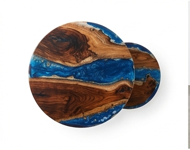Set of 2 Round Sangwan Teak Wood & Resin Side Tables | Handmade Nesting Tables