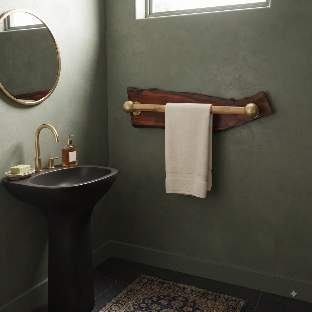 Handcrafted Live Edge Sangwan Wooden Towel Bar with Gold-Finished Accents