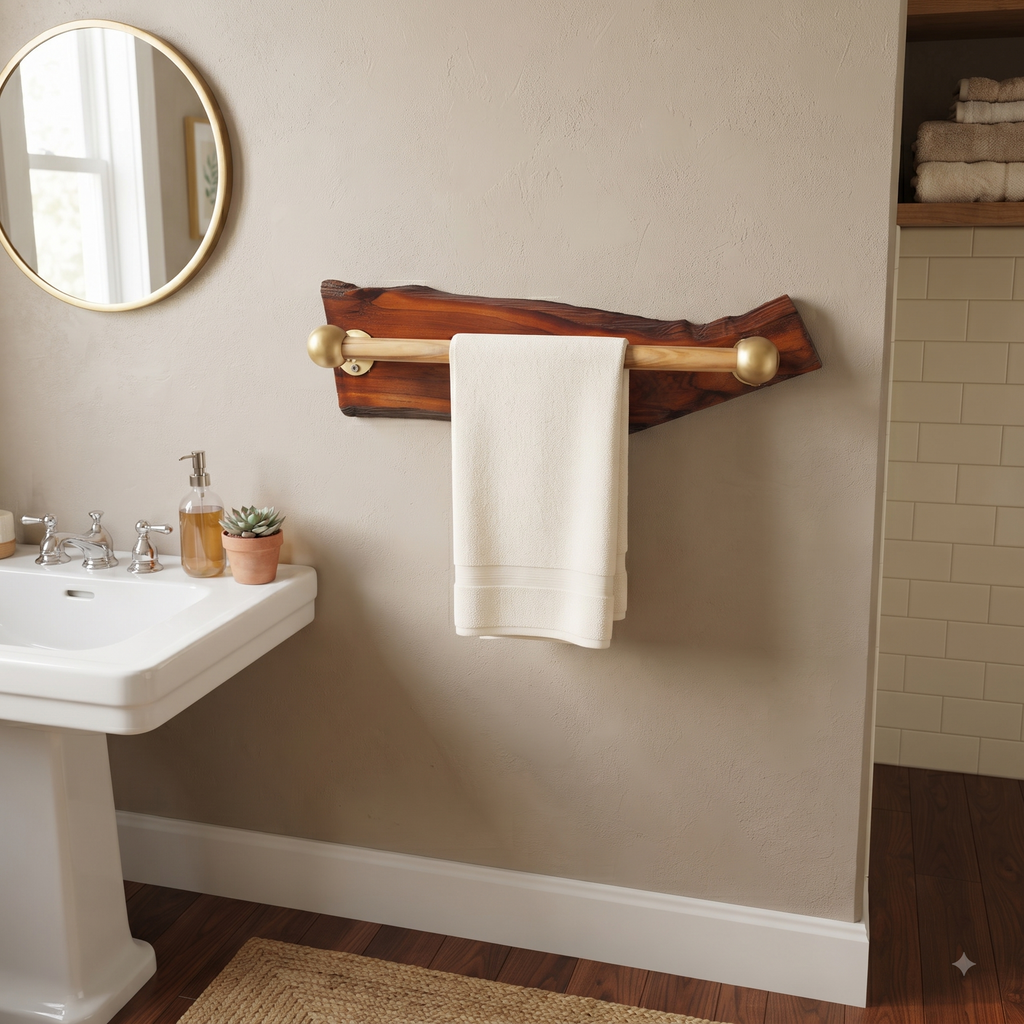 Handcrafted Live Edge Sangwan Wooden Towel Bar with Gold-Finished Accents