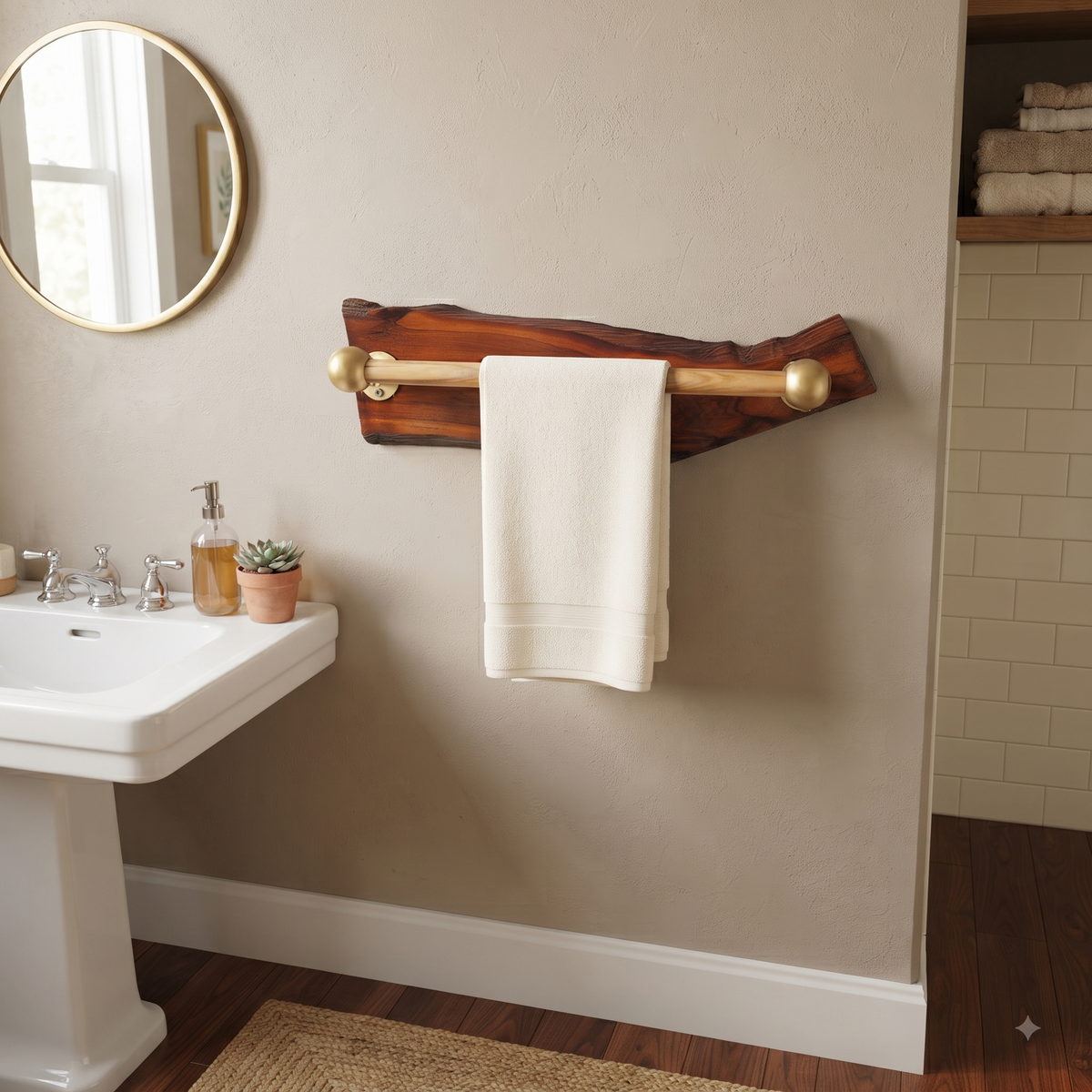 Handcrafted Live Edge Sangwan Wooden Towel Bar with Gold-Finished Accents