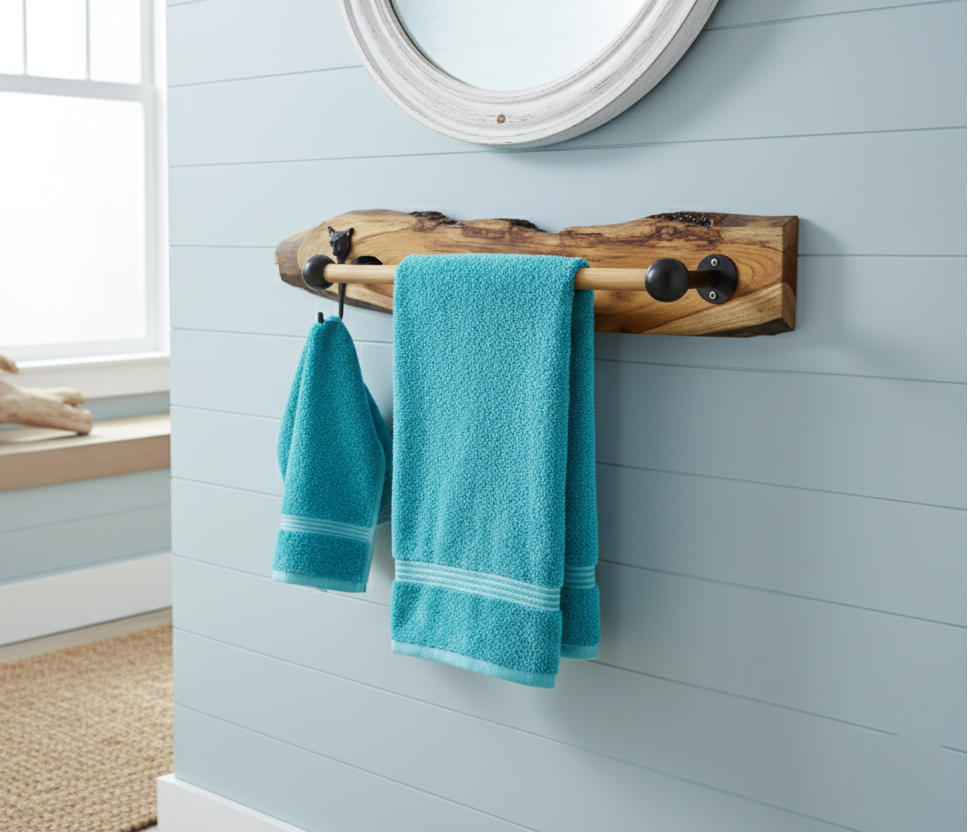 Handcrafted Live Edge Teak Wood Towel Rack with Bar and Hook for Bathroom Decor