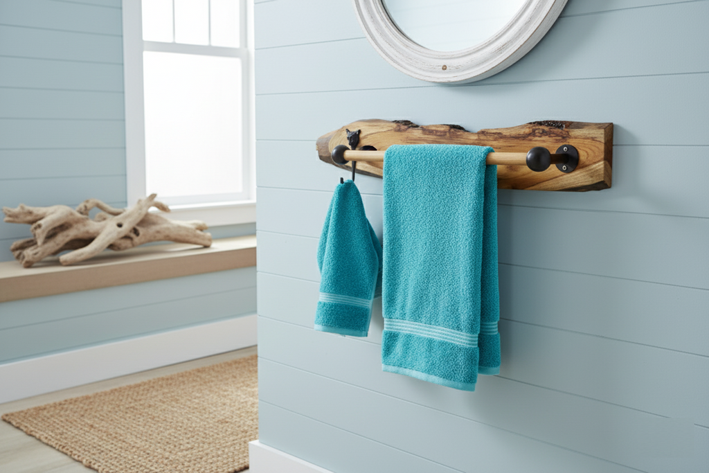 "The Quiet Curve " Natural Teak Wood Towel Bar Tiger Face Brass Metal Hook | Moisture Resistant Bathroom Towel Holder
