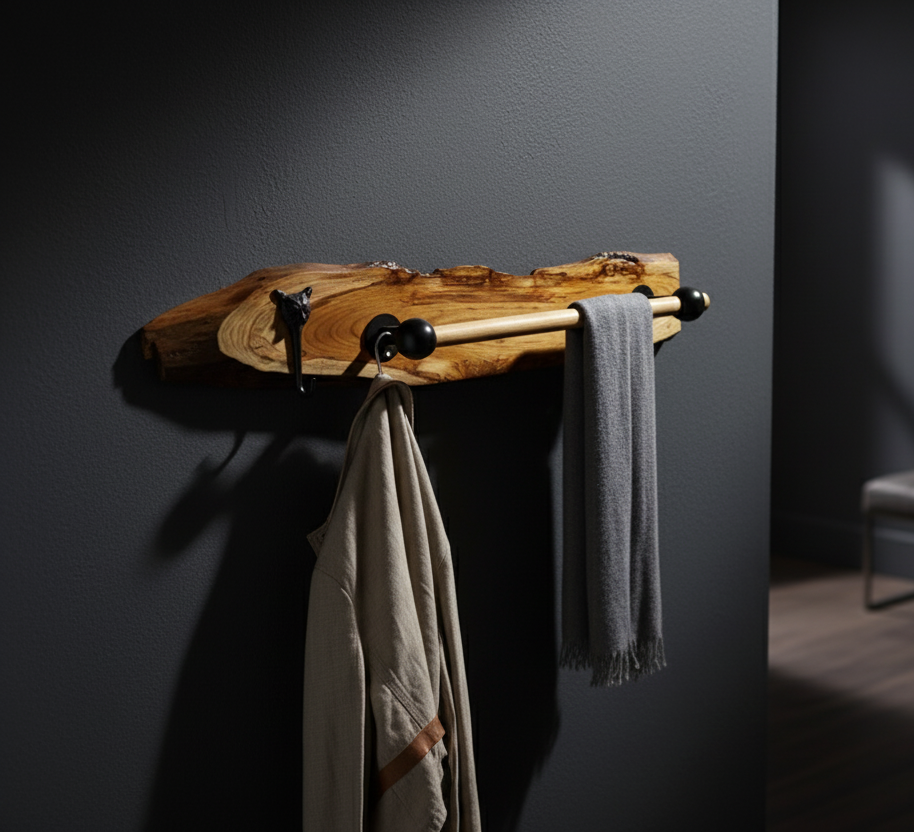 Handcrafted Live Edge Teak Wood Towel Rack with Bar and Hook for Bathroom Decor