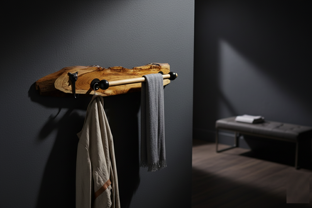 "The Quiet Curve " Natural Teak Wood Towel Bar Tiger Face Brass Metal Hook | Moisture Resistant Bathroom Towel Holder