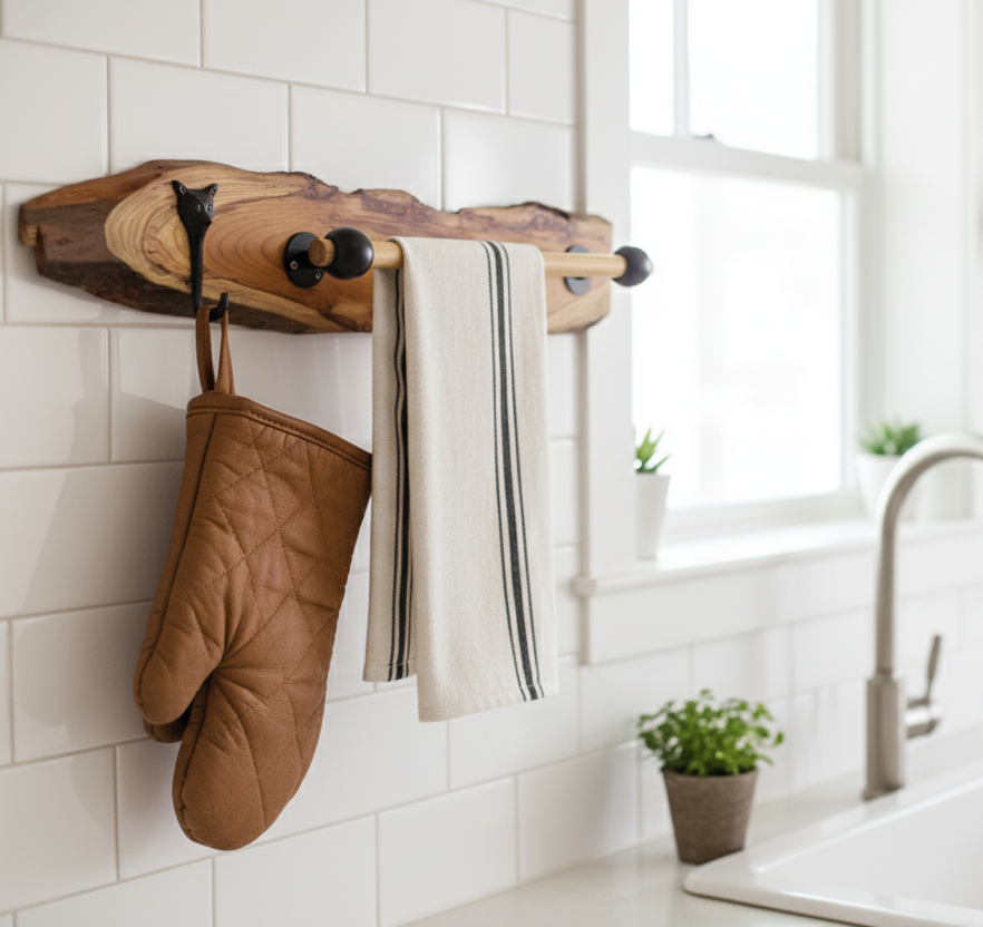 Handcrafted Live Edge Teak Wood Towel Rack with Bar and Hook for Bathroom Decor