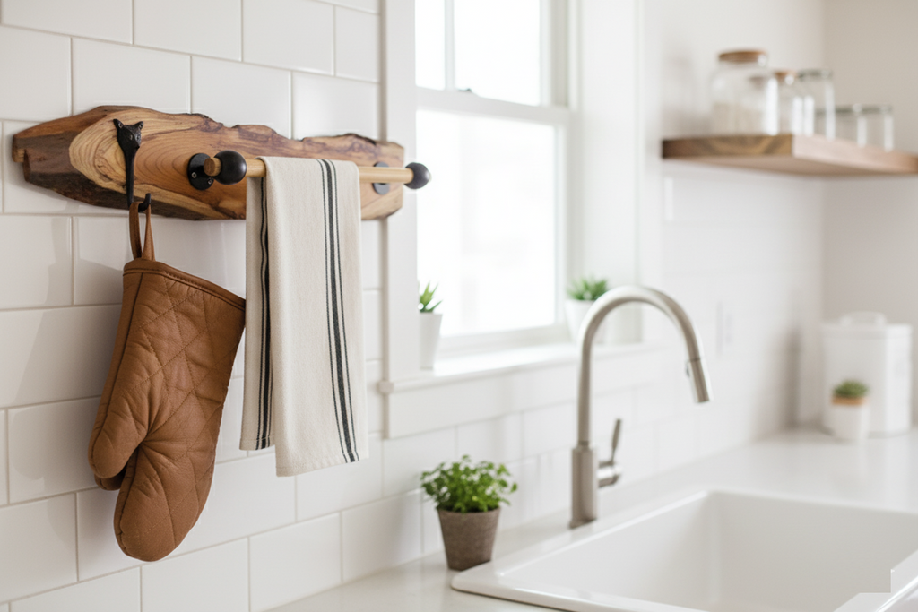 "The Quiet Curve " Natural Teak Wood Towel Bar Tiger Face Brass Metal Hook | Moisture Resistant Bathroom Towel Holder