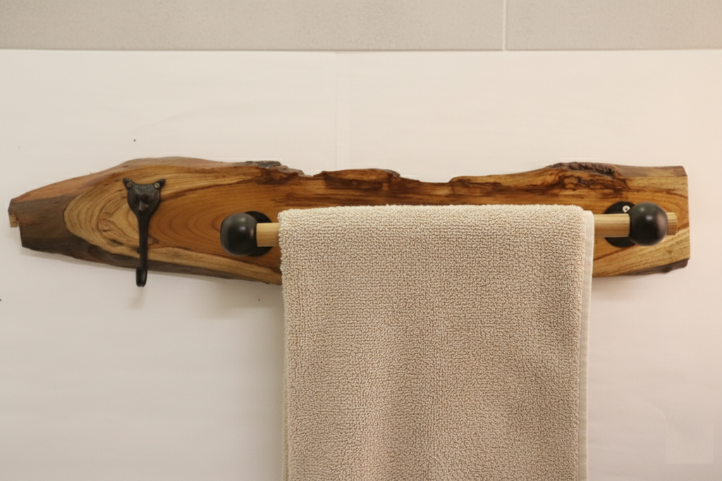 "The Quiet Curve " Natural Teak Wood Towel Bar Tiger Face Brass Metal Hook | Moisture Resistant Bathroom Towel Holder