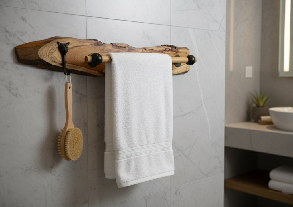 "The Quiet Curve " Natural Teak Wood Towel Bar Tiger Face Brass Metal Hook | Moisture Resistant Bathroom Towel Holder