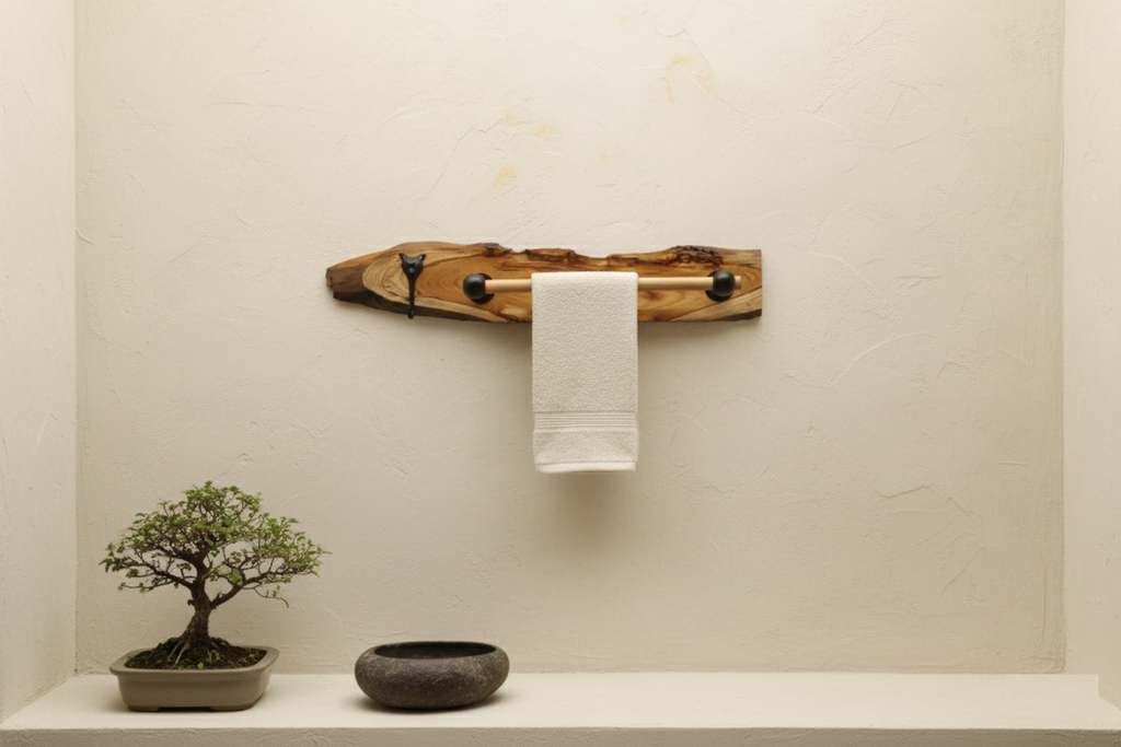 "The Quiet Curve " Natural Teak Wood Towel Bar Tiger Face Brass Metal Hook | Moisture Resistant Bathroom Towel Holder