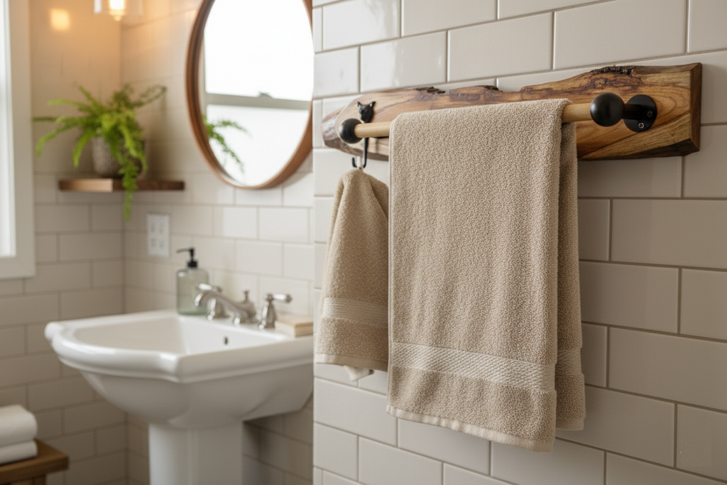 "The Quiet Curve " Natural Teak Wood Towel Bar Tiger Face Brass Metal Hook | Moisture Resistant Bathroom Towel Holder
