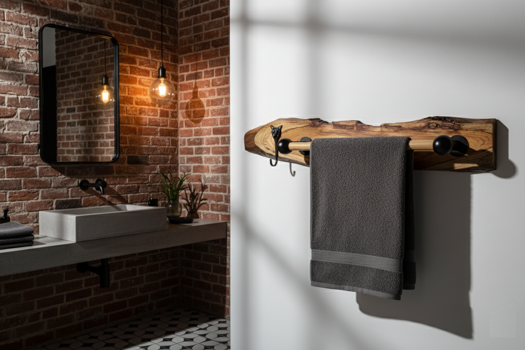 "The Quiet Curve " Natural Teak Wood Towel Bar Tiger Face Brass Metal Hook | Moisture Resistant Bathroom Towel Holder