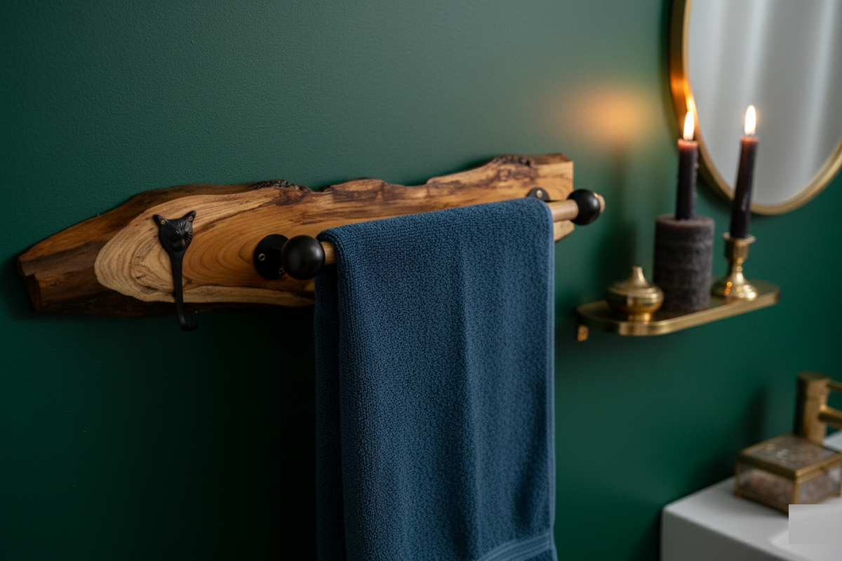 "The Quiet Curve " Natural Teak Wood Towel Bar Tiger Face Brass Metal Hook | Moisture Resistant Bathroom Towel Holder