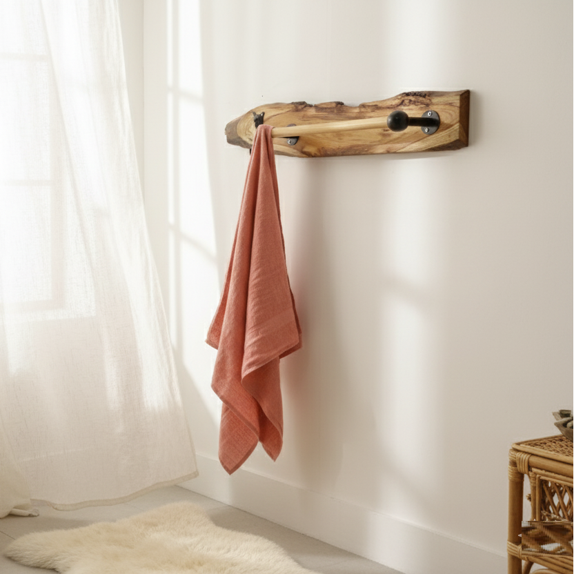 Handcrafted Live Edge Teak Wood Towel Rack with Bar and Hook for Bathroom Decor