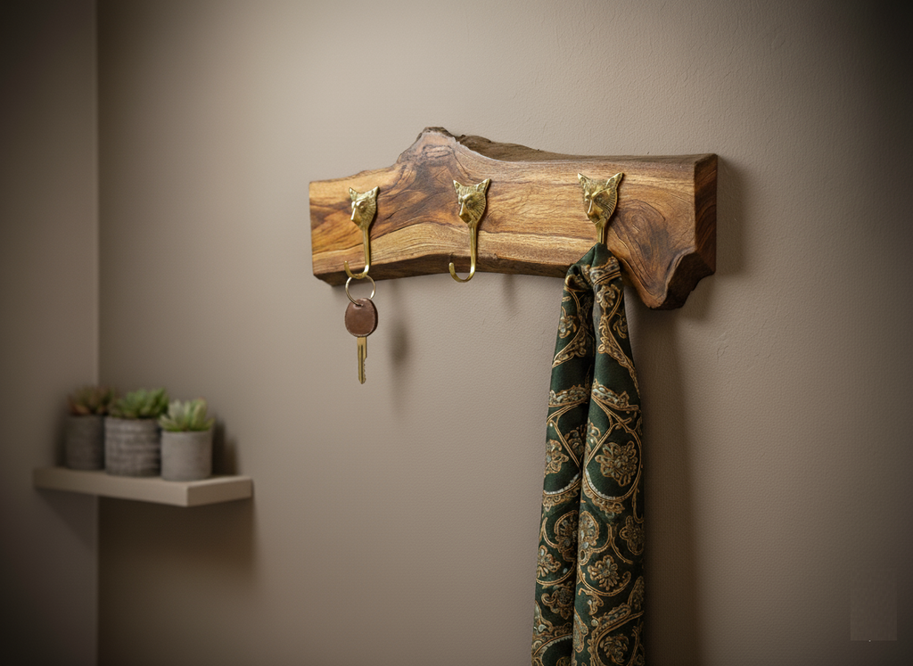 Handcrafted Live Edge Wooden Wall Rack with Coat Hooks and Towel Bar