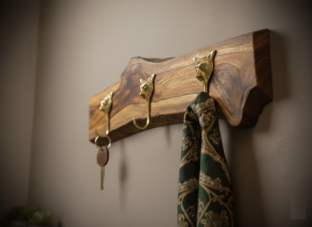 Handcrafted Live Edge Wooden Wall Rack with Coat Hooks and Towel Bar