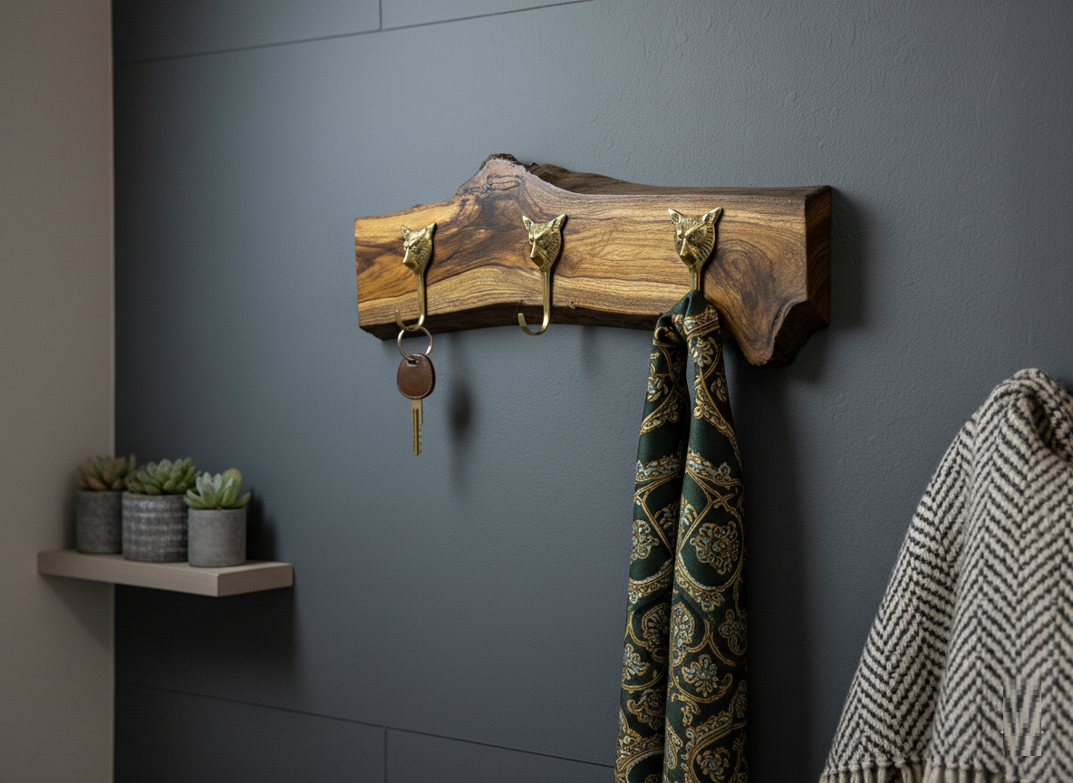 Handcrafted Solid Teak Sangwan Wood Coat Rack with Tiger Brass Hooks
