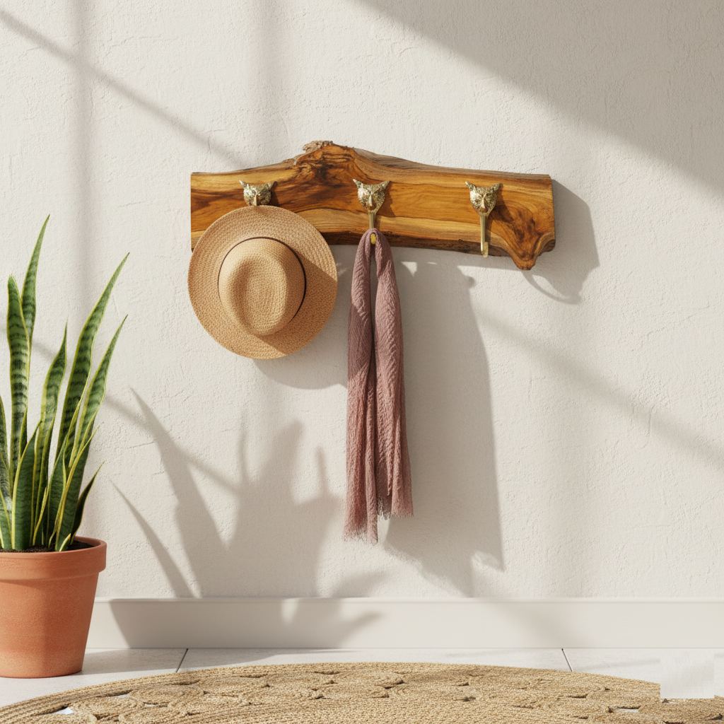 Handcrafted Solid Teak Sangwan Wood Coat Rack with Tiger Brass Hooks