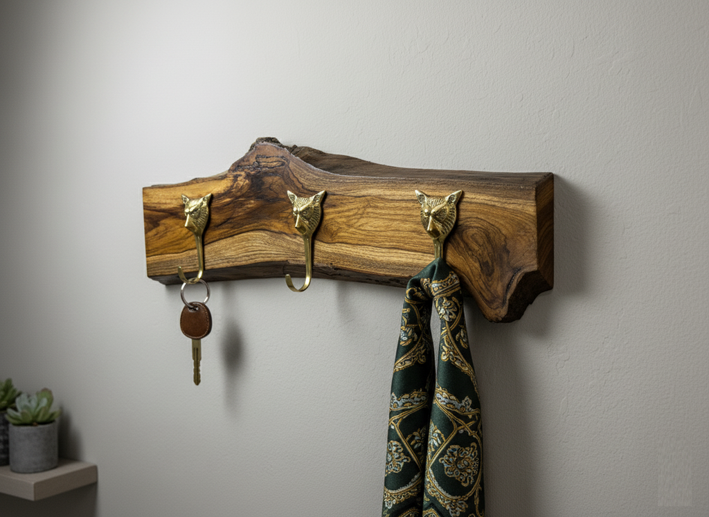 Handcrafted Solid Teak Sangwan Wood Coat Rack with Tiger Brass Hooks