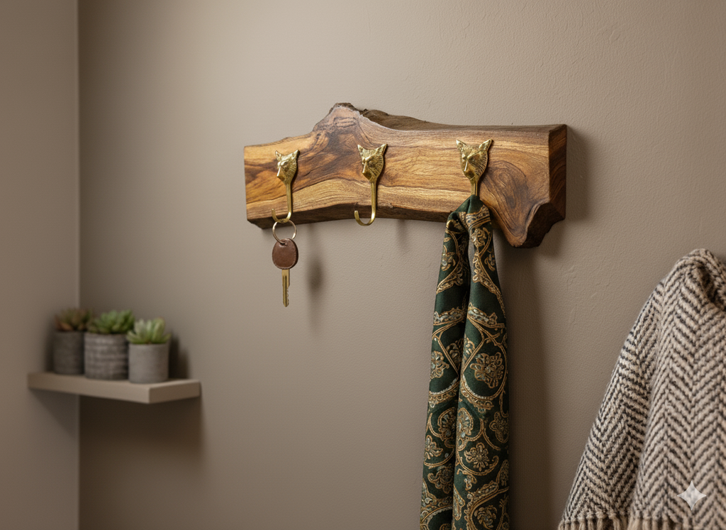 Handcrafted Solid Teak Sangwan Wood Coat Rack with Tiger Brass Hooks
