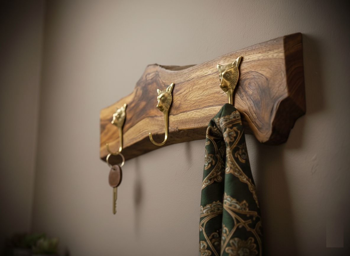 Handcrafted Solid Teak Sangwan Wood Coat Rack with Tiger Brass Hooks