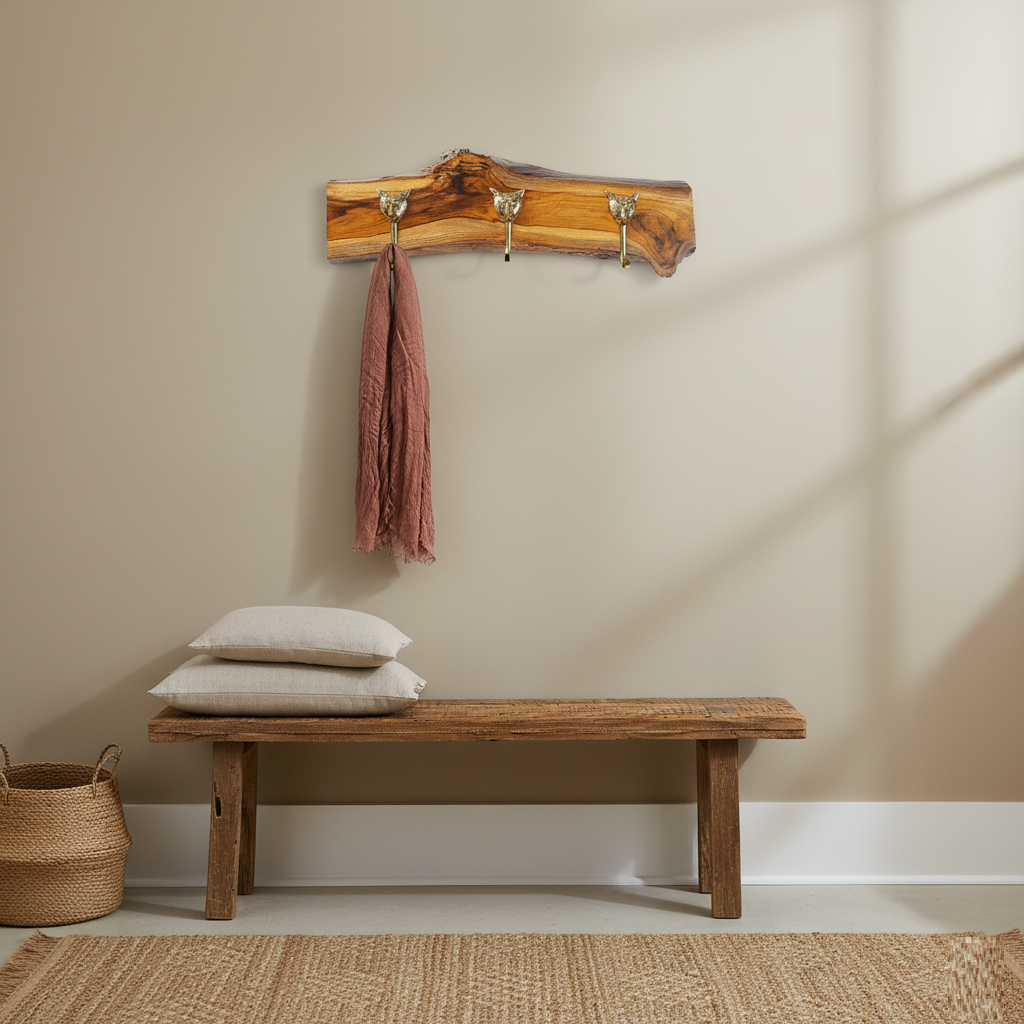 Handcrafted Solid Teak Sangwan Wood Coat Rack with Tiger Brass Hooks