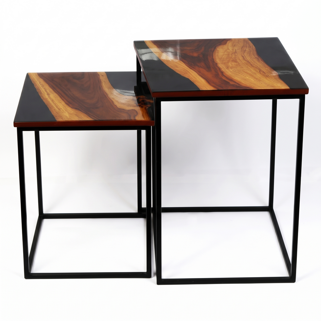 “The Duality” – Luxury 2-Piece Nesting Coffee Table Set | Natural Teak Sangwan Wood & Black Metal |