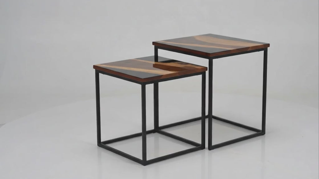 “The Duality” – Luxury 2-Piece Nesting Coffee Table Set | Natural Teak Sangwan Wood & Black Metal |