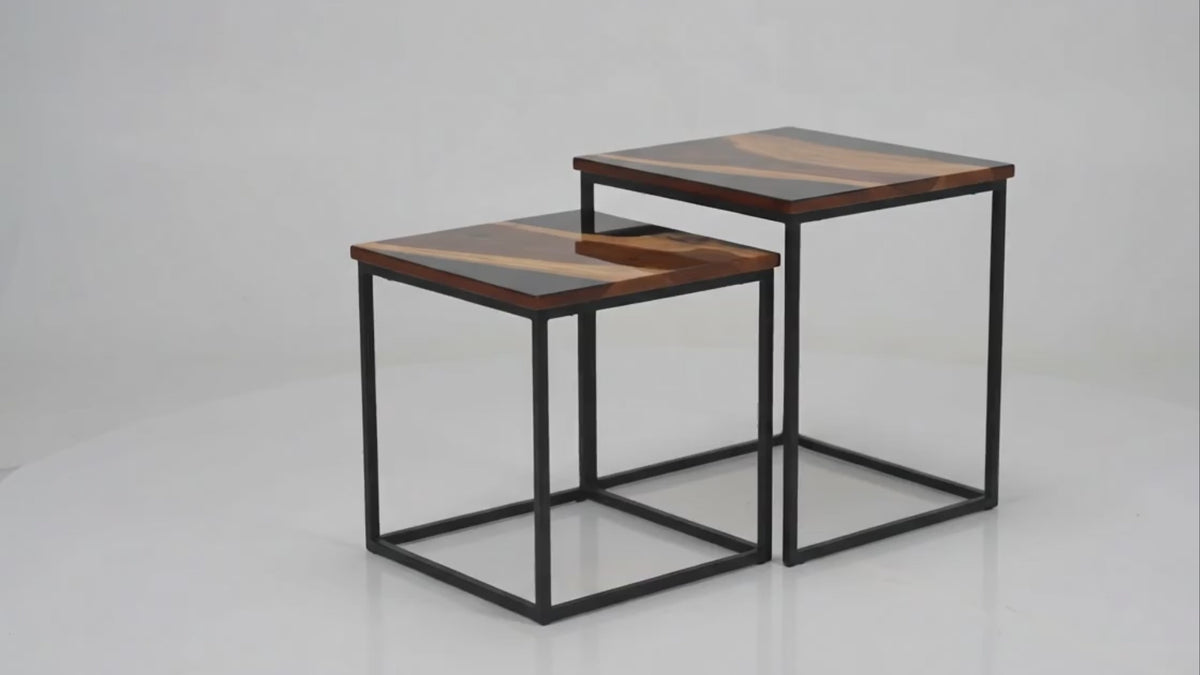 “The Duality” – Luxury 2-Piece Nesting Coffee Table Set | Natural Teak Sangwan Wood & Black Metal |