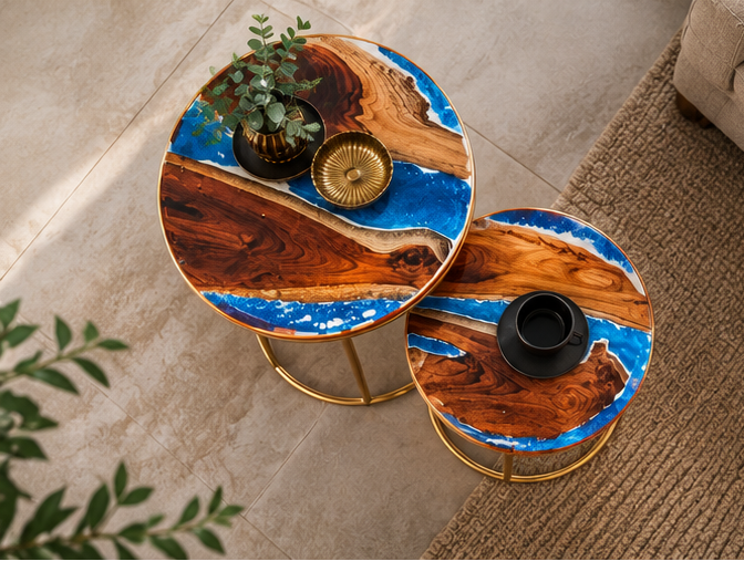 Set of 2 Round Sangwan Teak Wood & Resin Side Tables | Handmade Nesting Tables