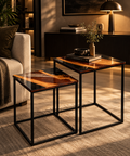 “The Duality” – Luxury 2-Piece Nesting Coffee Table Set | Natural Teak Sangwan Wood & Black Metal |