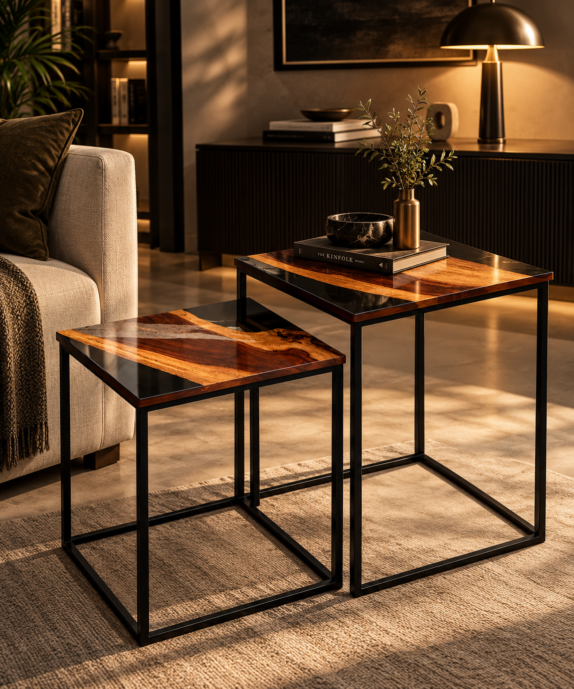 “The Duality” – Luxury 2-Piece Nesting Coffee Table Set | Natural Teak Sangwan Wood & Black Metal |