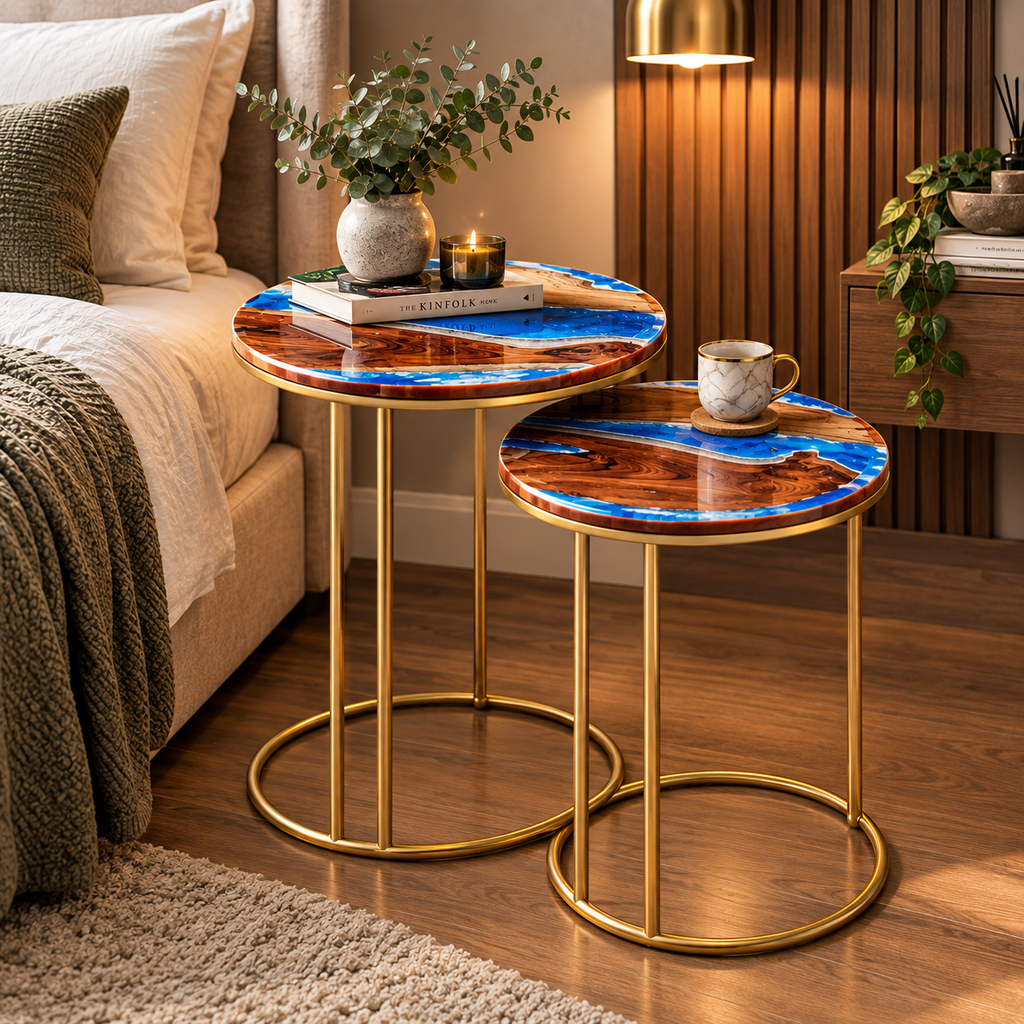 Set of 2 Round Sangwan Teak Wood & Resin Side Tables | Handmade Nesting Tables