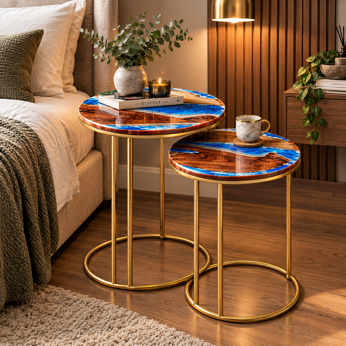 Set of 2 Round Sangwan Teak Wood & Resin Side Tables | Handmade Nesting Tables