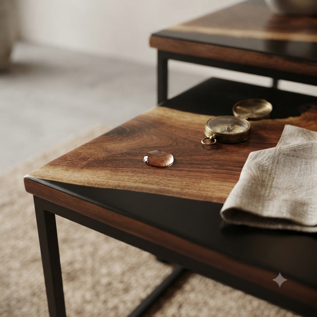 “The Duality” – Luxury 2-Piece Nesting Coffee Table Set | Natural Teak Sangwan Wood & Black Metal |