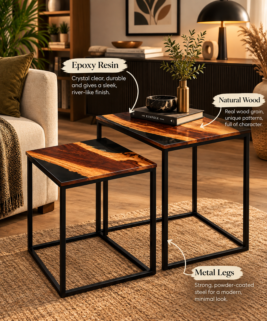 “The Duality” – Luxury 2-Piece Nesting Coffee Table Set | Natural Teak Sangwan Wood & Black Metal |