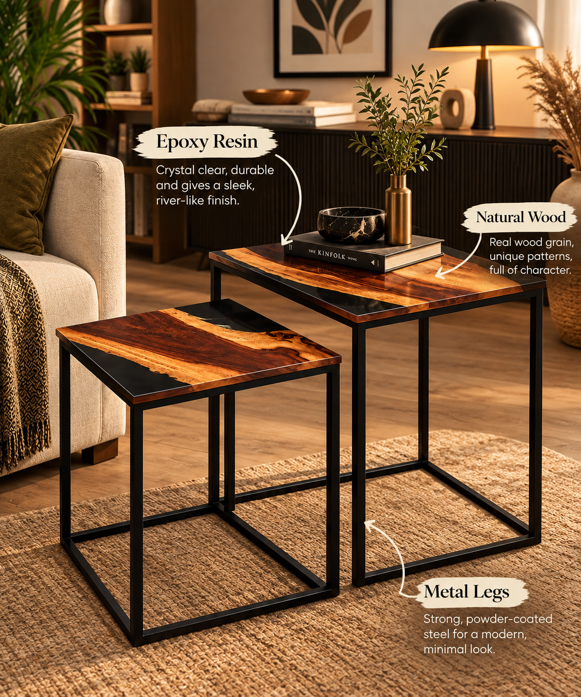 “The Duality” – Luxury 2-Piece Nesting Coffee Table Set | Natural Teak Sangwan Wood & Black Metal |