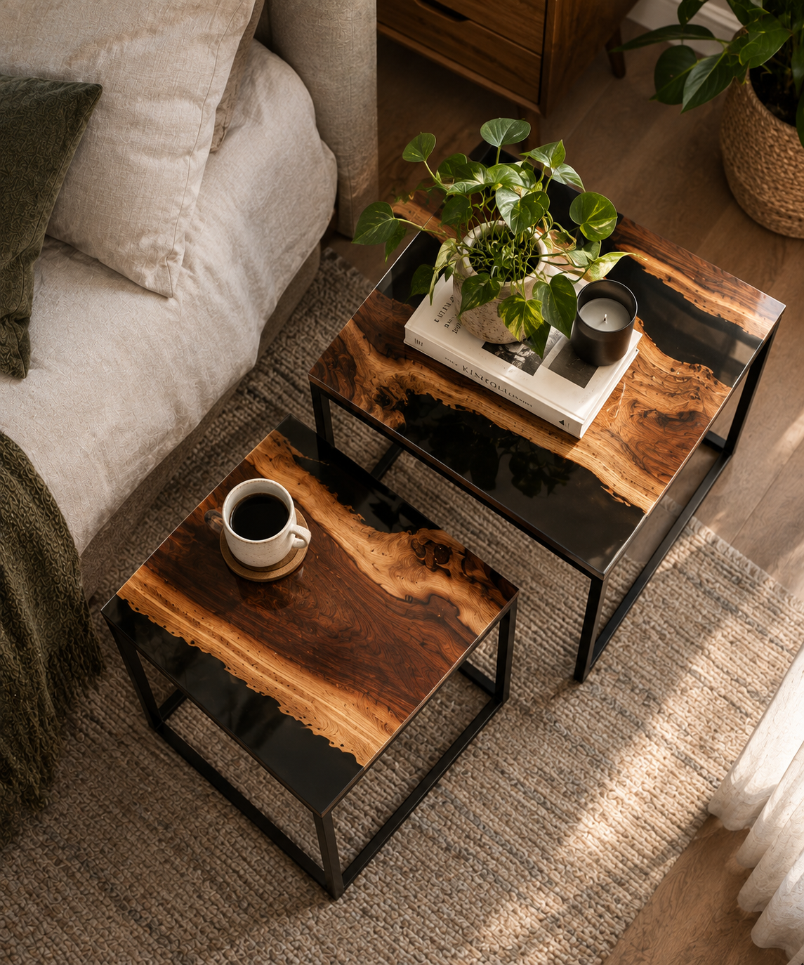 “The Duality” – Luxury 2-Piece Nesting Coffee Table Set | Natural Teak Sangwan Wood & Black Metal |