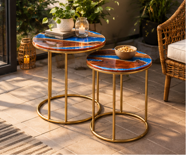 Set of 2 Round Sangwan Teak Wood & Resin Side Tables | Handmade Nesting Tables