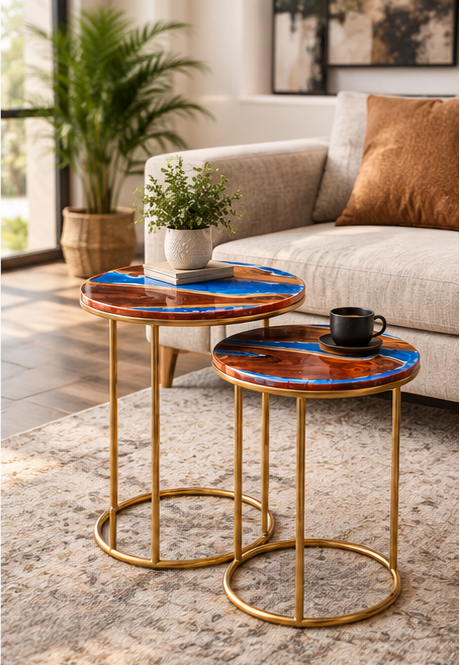 Set of 2 Round Sangwan Teak Wood & Resin Side Tables | Handmade Nesting Tables